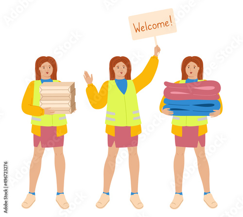 Volunteer girl with donations, welcome get lodging, volunteering concept. Charity young student, altruistic activity. Helping poor refugees for Ukraine. Philanthropy kindness outline cartoon vector