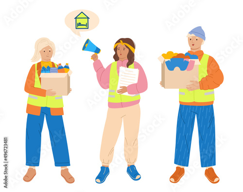 Volunteers with donations, assistance resettlement volunteering concept. Helping poor refugees. Charity diverse young people, altruistic activity character. Outline cartoon philanthropy, kindness