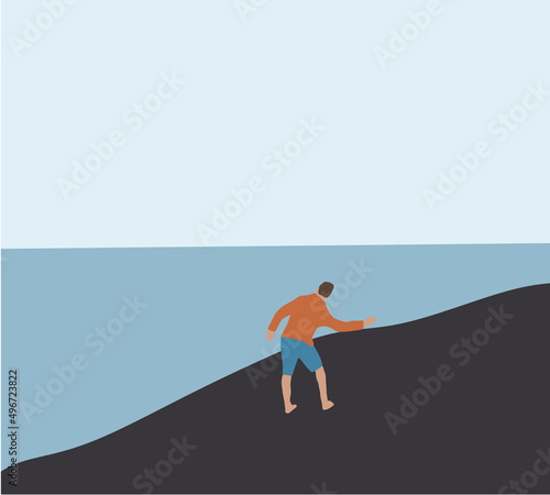 Man standing on beach and playing throwing a pebble stones into water. Cartoon flat vector illustration.