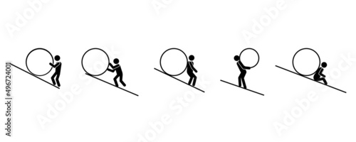 Cartoon sisyphus is pushing for concept design. Vector illustration. stock image.