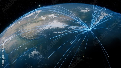 Earth in Space. Blue Lines connect Cheju South, Korea with Cities across the World. Global Travel or Communication Concept.