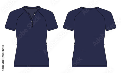  Raglan Short sleeve T shirt Technical Fashion flat sketch vector illustration Navy Color template front and back views. Apparel Design Mock up Cad.