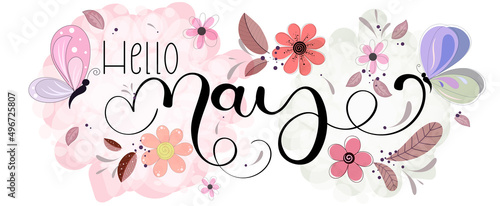 Hello May. MAY month vector with flowers, butterfly and leaves. Decoration floral. Illustration month may calendar	
