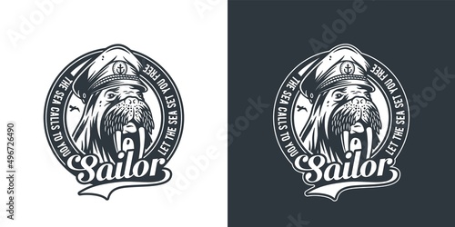 Ocean nautical captain emblem with walrus. Marine sea farer logo. Sailor man print