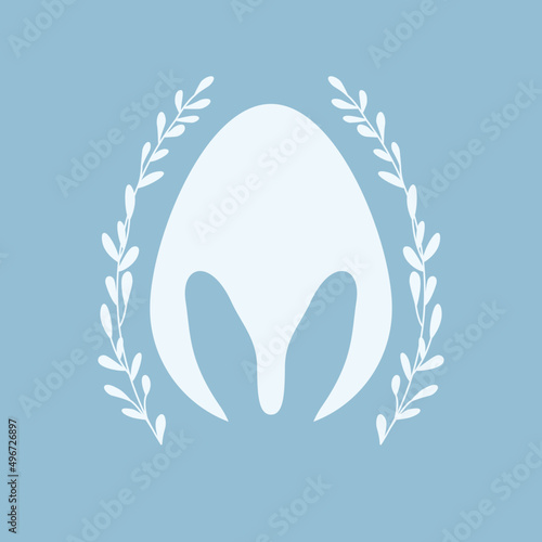 Jajko wielkanocne, królicze uszy i gałązki z listkami na błękitnym tle. Symbole świąt. Prosta ilustracja w minimalistycznym stylu na kartki świąteczne, zaproszenia, banery, plakat.