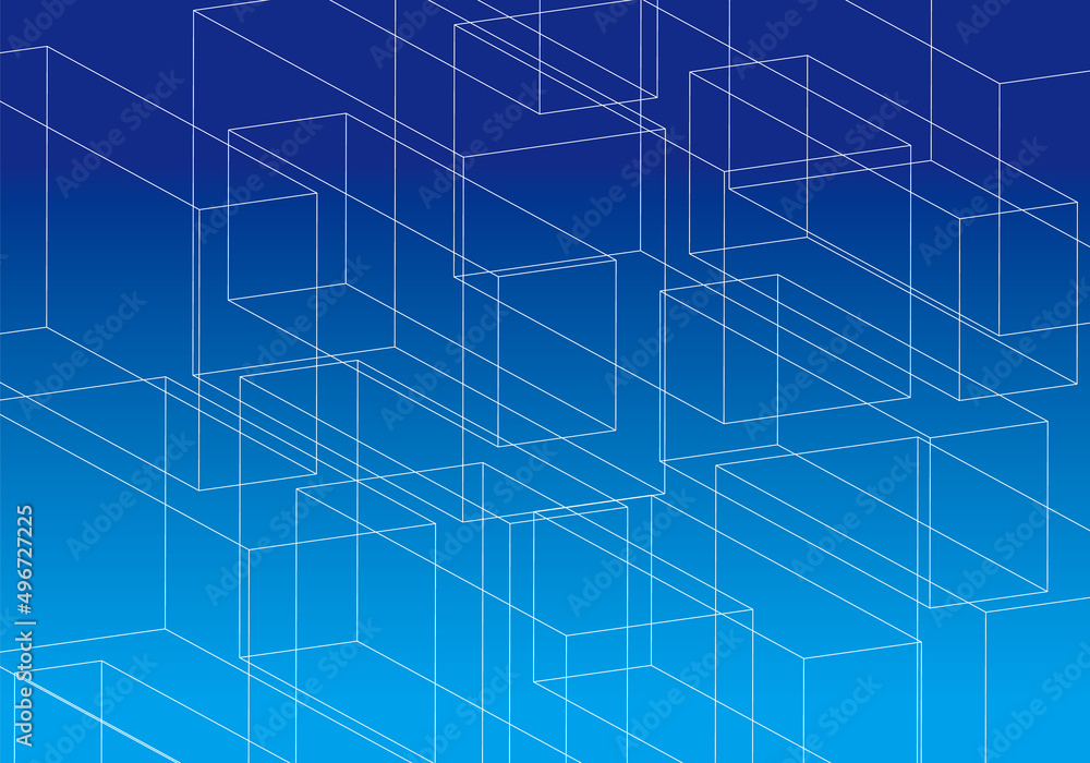 青のグラデーションの背景に細いラインの長方体で構成されたイラスト