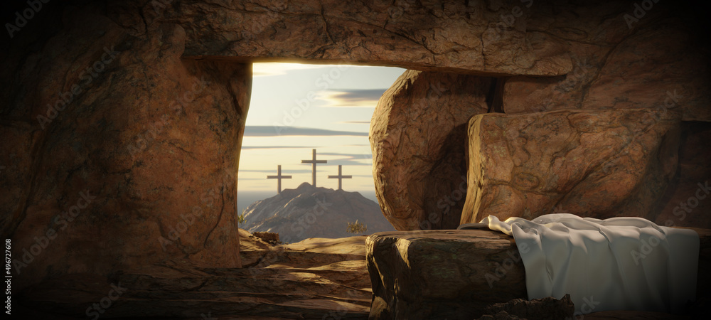 Resurrection Happy Easter He is Risen Light In The Empty Tomb With Crucifixion At Sunrise - obrazy, fototapety, plakaty 