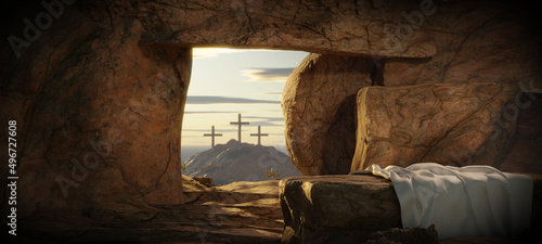 Foto Resurrection Happy Easter He is Risen Light In The Empty Tomb With Crucifixion A