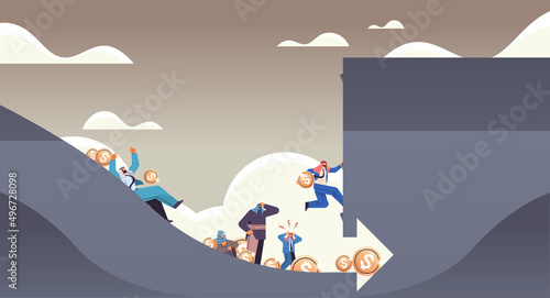 arab businesspeople and dollar coins falling into abyss downward arrow devaluation financial crisis bankruptcy