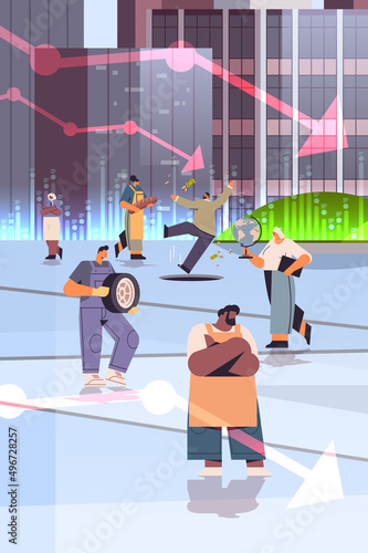 collapse of economy concept mix race people of different occupations falling into open manholes world financial crisis bankruptcy