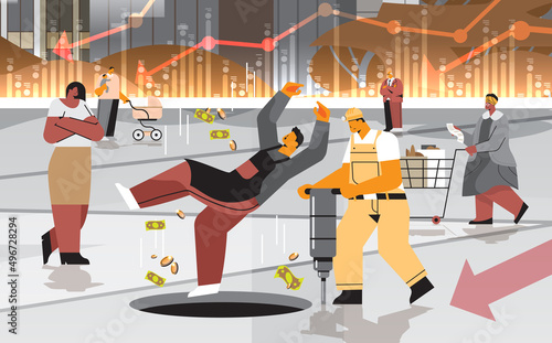collapse of economy concept mix race people of different occupations falling into open manholes world financial crisis