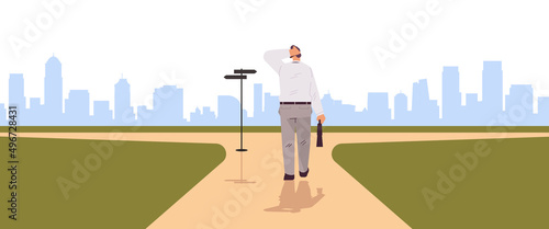 frustrated businessman choosing right direction at road sign important choice career path opportunities concept