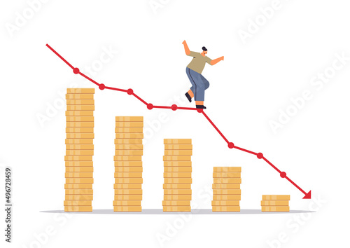 businesswoman standing on downward red arrow recession financial crisis bankruptcy concept horizontal