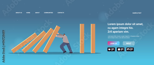 stressed businessman stopping domino effect crisis management chain reaction finance intervention conflict prevention