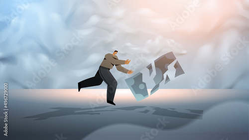 businessman with broken paper banknote financial crisis bankruptcy concept horizontal full length