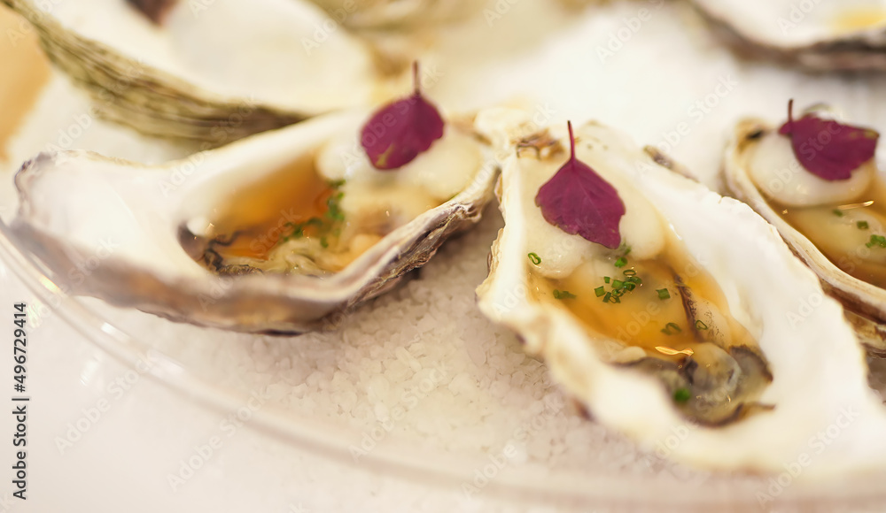 Delicious prepared oysters in the half-shell on the gourmet plate in the restaurant