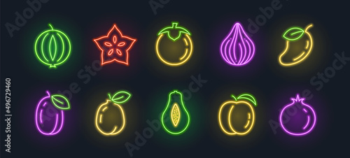 Neon fruit icon mango guava fig food. Vector neon fruits sign isolated outline starfruit plum