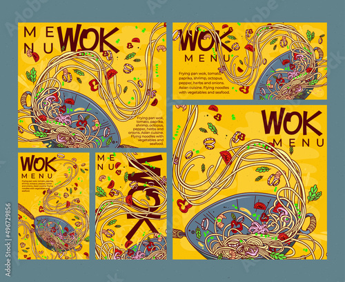 Wok with noodles, shrimp, octopus, pepper, herbs and onions