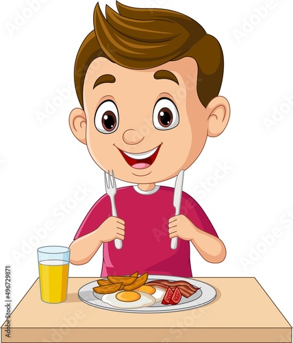 Cartoon little boy eating breakfast