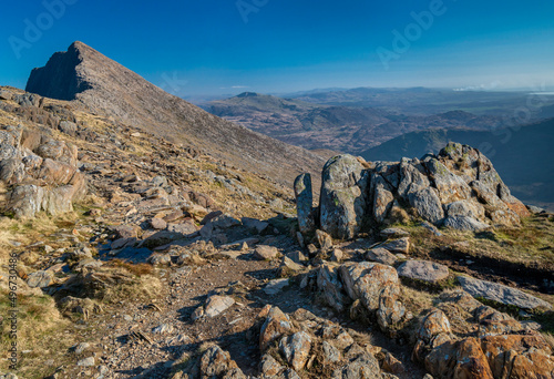 Approach to summit of Mount Snowdon,looking south,downwards from Watkin Path,Snowdonia,Wales,UK.