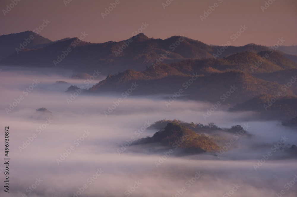 Fog in the morning forest with green mountains. Pang Puai, Mae Moh, Lampang, Thailand. Fog in forest.