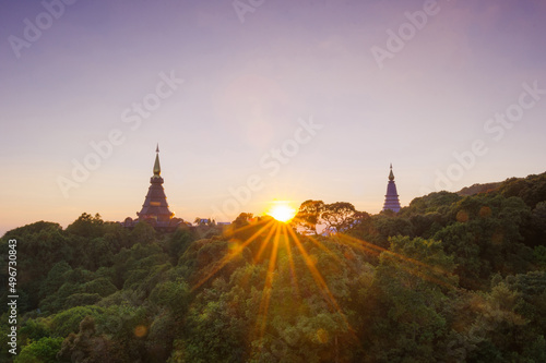 Twilight Moments sunset or sunrise Above the sacred pagoda at Doi Inthanon National Park  Chiang Mai  Thailand.
