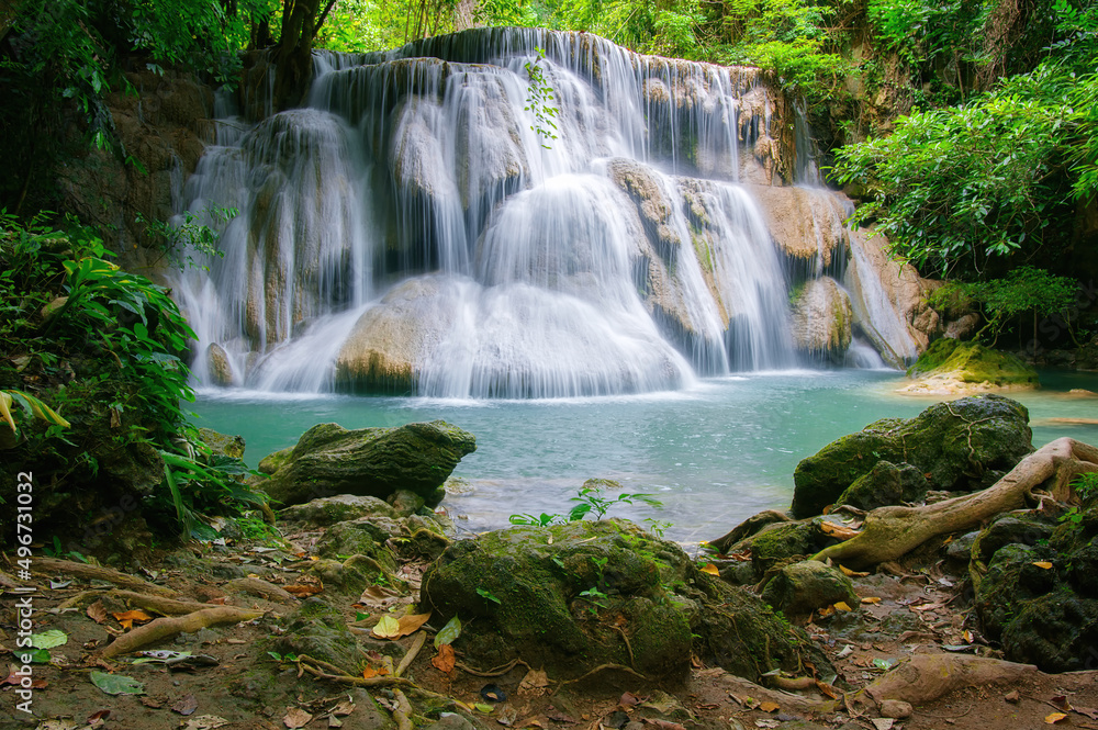 Landscape Huay Mae Kamin waterfall, Srinakarin Dam in Kanchanaburi, Thailand.