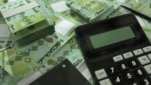 Lebanese pound notes spread out  with a calculator, pen and notebook. 3d rendering photo