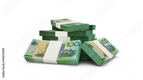 3d rendering of Stack of 100 Australian dollar notes. bundles of Australian currency notes isolated on white background