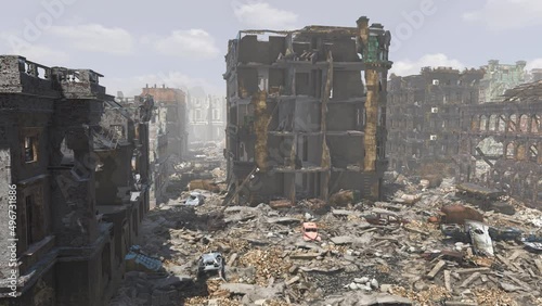 Conceptual war footage depicting the old town of a major city ravaged and razed to the ground by conflict, including destroyed buildings, cars and armored vehicles photo