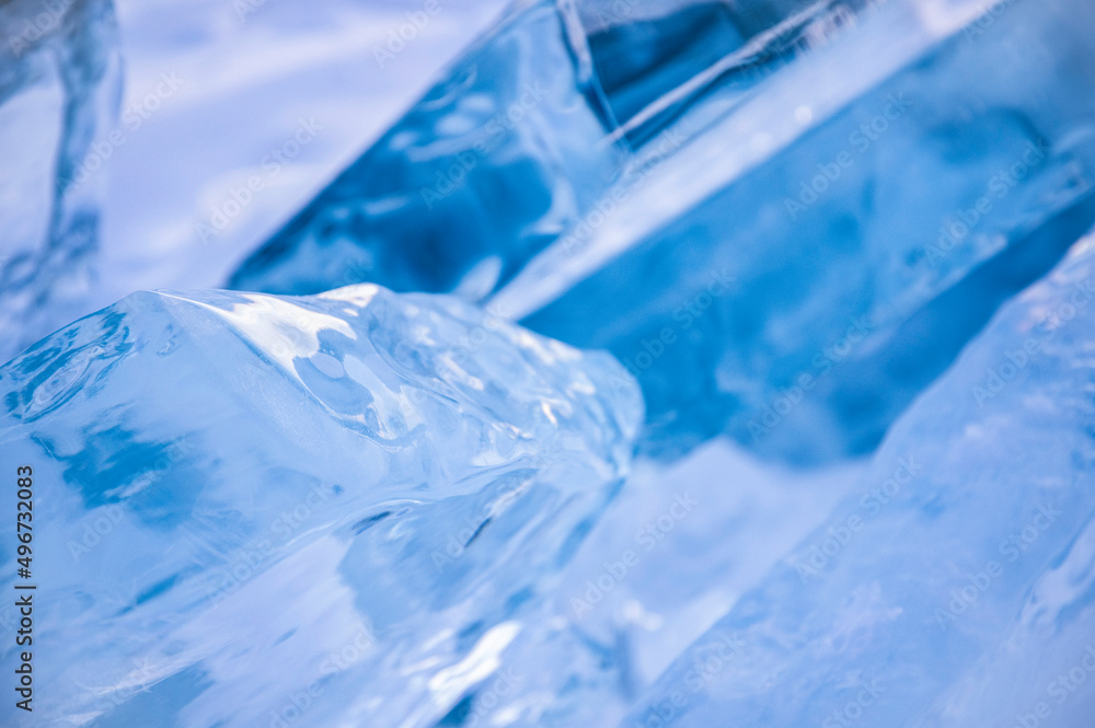 Blue transparent beautiful ice blocks, closeup view, abstract