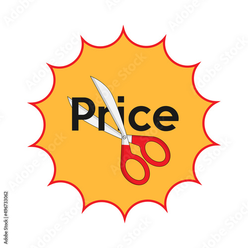 Cut the word price with sharp scissors as a gimmick of sale. Discount concept. Vector illustration outline flat design style.