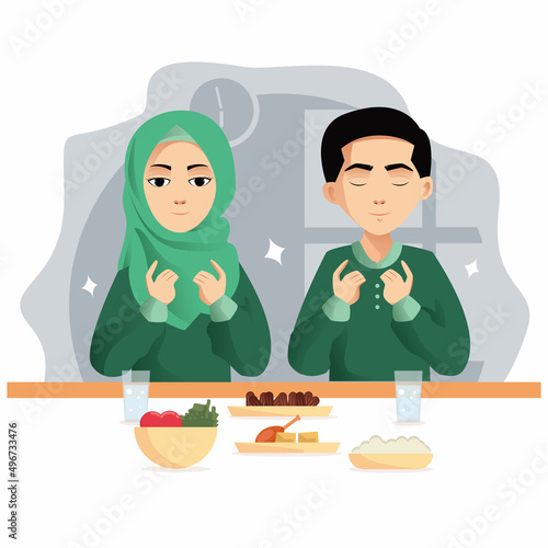 Muslim couple praying before having iftar. Ramadan kareem flat cartoon character illustration photo