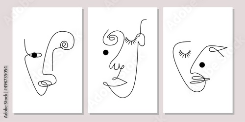 Set of three abstract minimal line art face wall art. One line continuous women face wall decor. Abstract portrait contemporary wall Decorations. Can use for poster, social media, wallpaper and cards.