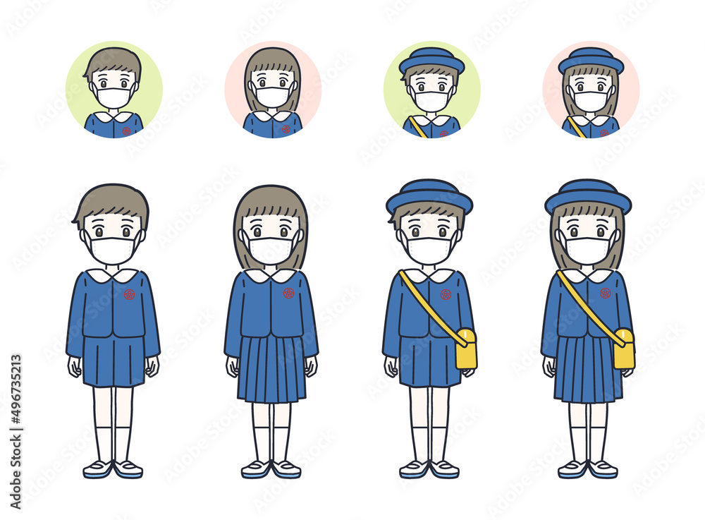 マスクをしている制服姿の男女の幼稚園児のイラスト素材