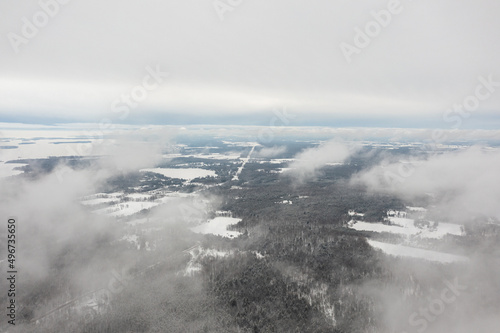 clouds Orilla and Barrie Ontario high up drone views  winter time 