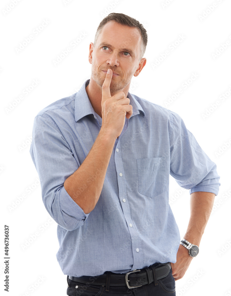 Mmmm... I wonder.... Studio shot of a thoughtful mature man isolated on white. Mmmm... I wonder.... Studio shot of a thoughtful mature man isolated on white.