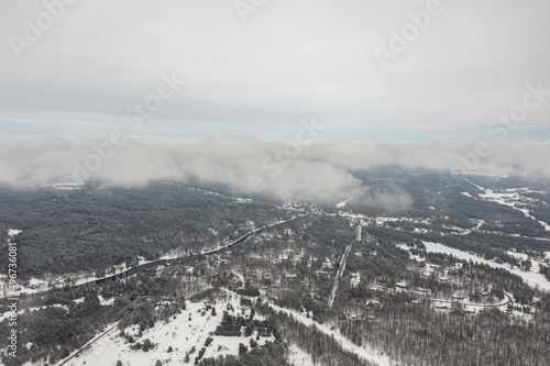 clouds Orilla and Barrie Ontario high up drone views winter time 