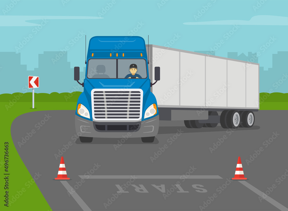 Heavy vehicle driving practice test with red cones. Student driver