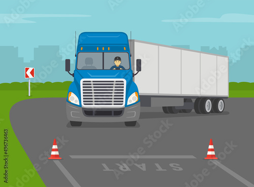 Heavy vehicle driving practice test with red cones. Student driver sitting in a blue truck and making a left turn. Flat vector illustration template.