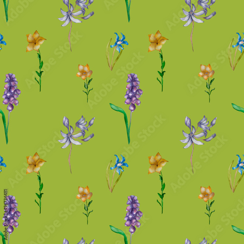 Purple, blue, yellow floral seamless pattern watercolor