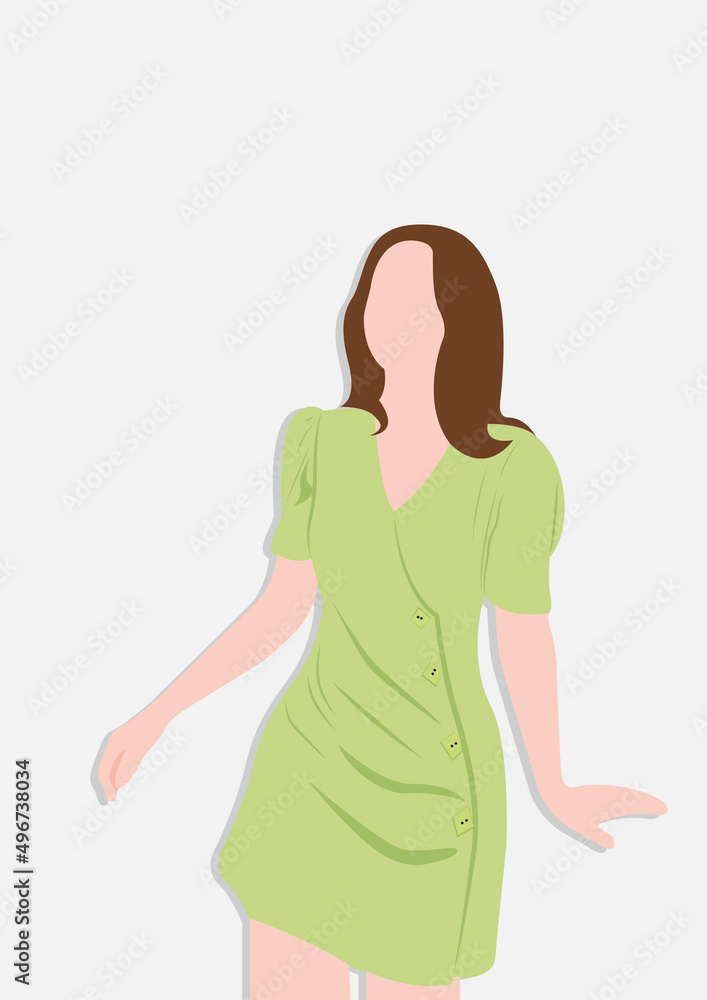 beautiful fashionable woman in a green summer dress. vector illustration