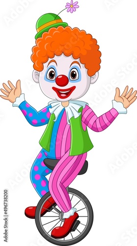 Cartoon clown riding one wheel bike