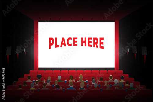 Cinema theater hall graphic vector illustration with more crowd people sitting on the chair