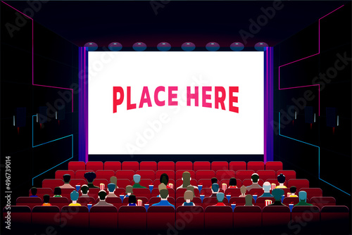Cinema theater hall graphic vector illustration with more crowd people sitting on the chair
