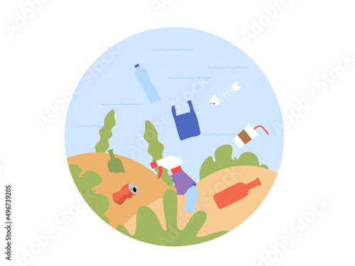 Some trash on the seabed. Non-degradable inorganic waste. Ai vector illustration photo