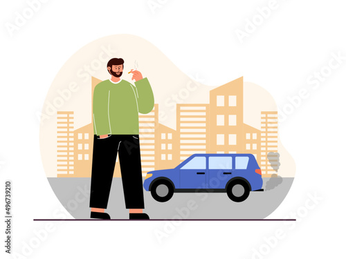 The number of vehicles in urban areas. Burning fossil fuels emits pollutants into the air and causes air pollution. Ai vector illustration