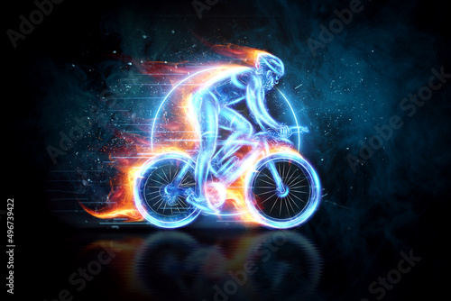 Fototapeta Naklejka Na Ścianę i Meble -  Fast Cyclist with flames side view, rides very fast, neon blue hologram. Cycling race, cycling competition. 3D illustration, 3D render, copy space.