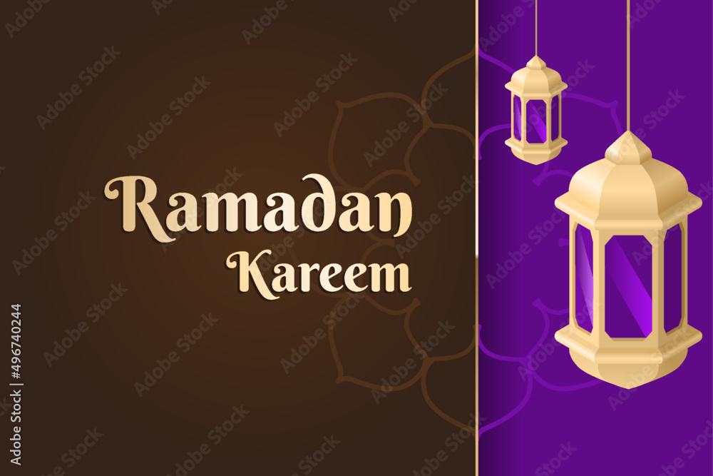 Ramadhan kareem banner design. with golden laterns. brown and purple background. suitable for banner, greeting card, and poster Ramadhan kareem banner design. with golden laterns. brown and purple background. suitable for banner, greeting card, and poster