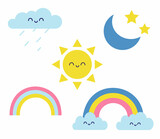 Cute weather set. Sun, moon, rainbow and happy clouds with face. Vector flat illustration for kids isolated on white background